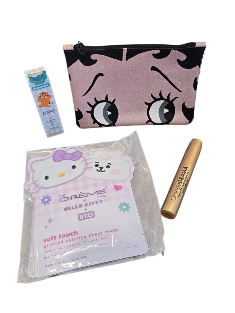 9 Piece Creme Shop Hello Kitty Grande Drama Betty Boop Pouch Beauty Bundle